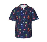 Helves Jellyfish Bright Glowing Mens Hawaiian Shirt Button Down Short Sleeve Beach Casual Summer Shirts Tops Black