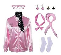helymore Women Pink Jacket for Ladies Costume 50s Sandy Pink Satin Fancy Dress Pink Jackets for Lady Adults with Neck Scarf Earrings Accessories Pink Jacket Top Set