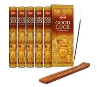 HEM Good Luck Incense Sticks - 6 Hex Tubes (120 Sticks Total) with JRose Wooden Burner - Masala Incense for Meditation, Positivity & Abundance - Laughing Buddha Fragrance