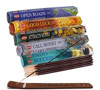 Hem Incense Sticks Variety Pack #5 and Incense Stick Holder Bundle with 5 Money and Success Themed Fragrances