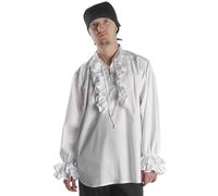 HEMAD Men's Renaissance Cotton Shirt - Frills, Collar, Front Lacing - XL White