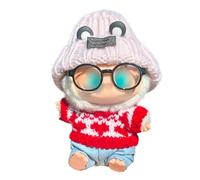 Hemaisu 4 - Piece Adorable Doll Outfit | Panda - Inspired Set with Knit Hat Beanie, Glasses, Red Sweater & Light Jeans for La Bubu Dolls (15 - 17cm )