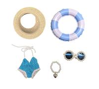 Hemaisu Summer - Themed 5-Piece Doll Clothes Set | Straw Hat, Pearl-Decorated Sunglasses, Blue-White Plaid Doll Swimsuit, Pearl Necklace & Fruit-Patterned Swim Ring for 14-17cm Labobo Doll and Labibu