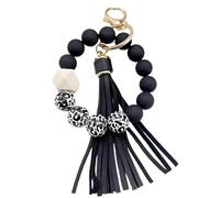 Hemasa Black Leopard White Bottom Wooden Beads Rubber Paint Round Beads PU Tassel Bangle Keychain Black And White
