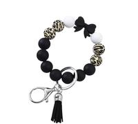 Hemasa Colorful Bow Leopard Print Silicone Beaded Tassel Bracelet Wristband Keychain Bag Pendant (Black)