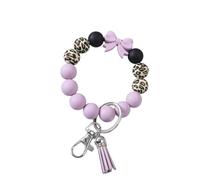 Hemasa Colorful Bow Leopard Print Silicone Beaded Tassel Bracelet Wristband Keychain Bag Pendant (Light Purple)