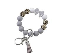 Hemasa Colorful Bow Leopard Print Silicone Beaded Tassel Bracelet Wristband Keychain Bag Pendant (Light Gray)