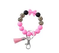 Hemasa Colorful Bow Leopard Print Silicone Beaded Tassel Bracelet Wristband Keychain Bag Pendant (Pink)