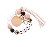 Hemasa Mother's Day Gift Leopard Silicone Bead Key Chain Letter MAMA Beaded Wristlet Keychain With Wood Disc Leather Tassel Key Ring Color 1