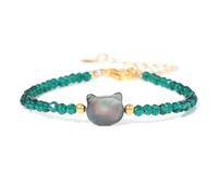 Hemasa Natural Stone Beaded Bracelet, Spinel and Obsidian with Gold Cat Head Charm, Universal Size (Emerald)
