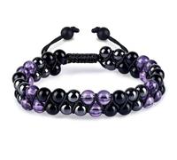 Hematite Bracelet Men, Black Obsidian Bracelet, Obsidian Bracelet with Amethyst and Hematite, Obsidian Bracelet Men Adjustable Double Layer Beaded Bracelet