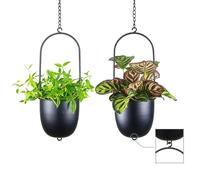HemePaha Metal Hanging Planters Set of 2 with 6 Inch Oval Pots - Stackable and Connectable Plant Hangers - Black Modular Wall and Ceiling Mount Holders for Indoor and Houseplants