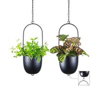 HemePaha Stackable Metal Hanging Planters, Set of 2 Black Oval Plant Hangers with 6 inch Flower Pots, Modern Wall and Ceiling Plant Holders for Indoor Outdoor Plants Home Décor