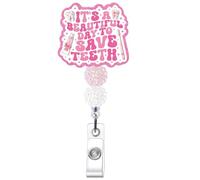 HemerVows Badge Reels Retractable, Pink Glitter Save Teeth Badge Holder with Alligator Clip, Dental Assistant Gifts for Office Student Work Hospital