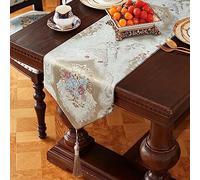 HeMiaor Table Runner with Retro Embroidery Jacquard and Beaded Tassels for Dining Table Christmas Decoration 98 inches Long Beige