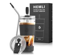 Hemli 19 oz. Double Wall Glass Coffee Tumbler, To Go Travel Mug with Lid, Portable Glass Thermos with Straw, Reusable Cup, Tea, Smoothies, Ice Coffee, and Boba