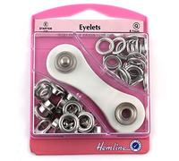 Hemline Silver Nickel Eyelet Starter Kit 8.7mm (24 sets) With Metal Grommet Eyelet Tool Washers Eyelets Hole Punch & Storage Case mm H438P.8.N