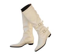 HEMNACU Women's Knee High Boots Wide Calf High Chunky Heel Pleated Boots Pointed Toe Winter Autumn High Shoes to Get Over Others, white, 6 UK