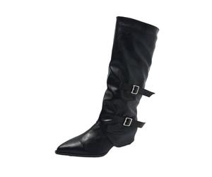 HEMNACU Women's Knee High Boots Wide Calf High Chunky Heel Pleated Boots Pointed Toe Winter Autumn High Shoes to Get Over Others, Black/White, 8.5 UK
