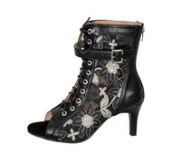 HEMNACU Women's Sandals Lace-up Pumps Chunky Heel Hollow Out High Heels Open Toe Sandals for Evening Party Bridal and Summer Shoes with Pointed Toe Fish Mouth Dance, A Black, 7 UK