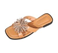 HEMNACU Women's Slippers Yinra by Sila Sahin Comfortable Sandals with Rhinestones Elegant House Slippers Summer Footwear To The Latest Flat Sandals with Shiny Strass with Floral Straps, khaki, 7 UK