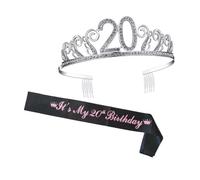 Hemobllo 20th Birthday Rhinestone Crown Hair Comb with Printed Satin Sash Party Decorative Etiquette Belt for Women Birthday Celebration Accessories