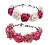 Hemobllo 2pcs Artificial Rose Hair Wreath Headbands for Bride, Floral Hairband Set in Watermelon Red and Rose Pink, Women’s Wedding Hair Accessories for Beach Holiday and Bridal Use