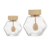 Hemobllo 2pcs Hexagonal Glass Honey Jars with Wood Lids, 100ml and 220ml Sealed Containers for Kitchen Storage, Airtight Glass Containers Suitable for Honey and Jam Preservation