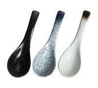 Hemobllo 3pcs Ceramic Soup Spoon Set Japanese Style Delicate Blue Ice, Glossy Black, Mocha Colors Short Handle Spoons for Home Dining, Ramen, Porridge, and Soup Serving