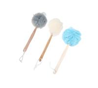 Hemobllo 3pcs Long Handle Bath Balls Set with Wooden Handles - Grey, Blue, White Exfoliating Shower Scrubbers for Deep Cleansing and Back Bathing in Bathroom