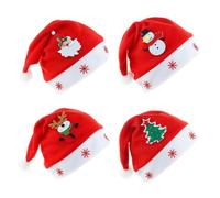 Hemobllo 4pcs Christmas Santa Hats for Adults Xmas Holiday Cloth Caps Festival Party Decorations with Santa Snowman Reindeer Tree Designs Red