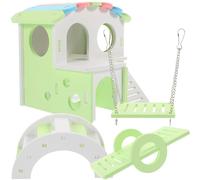 Hemobllo 4pcs Hamster House Set with Green Swing, Seesaw, Large Green-white Arch Bridge, and Colourful Roof Villa - Plastic Reusable Hamster Hideout Cage Decor for Small Pets Guinea Pigs
