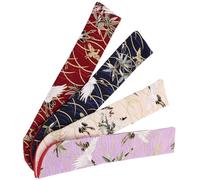 Hemobllo 4pcs Japanese Style Double-layer Folding Hand Fan Bags Small Floral Fabric Fan Pouch Set with Crane Pattern in Dark Blue Beige Purple and Burgundy