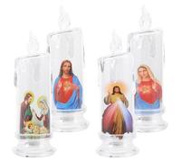 Hemobllo 4pcs LED Jesus Flameless Candle Lights with Base, Holy Night Religious Candle Lamps for Christmas Easter Catholic Prayer and Party Decoration