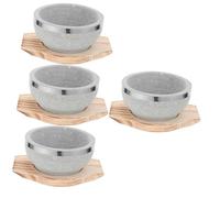 Hemobllo 4pcs Stone Bowl and Wood Base Set for Korean Soup Rice Bibimbap Bowl Stoneware Dinnerware for Soup Dishes Set Serving Dishes Lids Asian Cooking Equipment