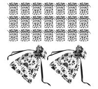 Hemobllo 50pcs Paw Print Organza Drawstring Bags, Small Printed Jewelry Storage Pouches for Birthday Party Favors, Travel Treat Bags with Black Foil Paw Design