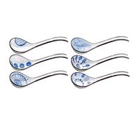 Hemobllo 6pcs Ceramic Soup Spoons Large Capacity and Comfortable Handle, Chinese Style Intricate Pattern, for Ramen, Wonton, Pho and Asian Soups
