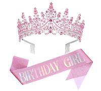 Hemobllo Adjustable Rhinestone Birthday Sash and Crown for Women Crystal Tiara with Comfortable Belt Elegant Silver Pink Princess Accessory for Parties Weddings and Celebrations
