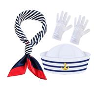 Hemobllo Blue and White Stripe Sailor Hat Set Scarf and Gloves, Adult Nautical Captain Costume Accessories for Marine Parties and Role Play Events