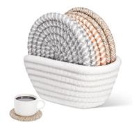 Hemobllo Boho Rope Coasters Set of 6 with Round Absorbent Table Coasters and Storage Basket for Hot and Cold Drinks Kitchen Decor Protect Surfaces from Spills