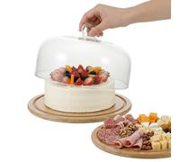 Hemobllo Cake Stand with Dome Lid, 11" Glass Cover and Bamboo Plate for Cake Display Pastries and Charcuterie Board at Weddings Birthdays and Kitchen Use