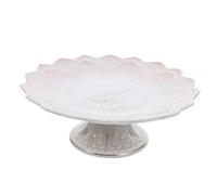 Hemobllo Ceramic Buddhist Offering Plate 7 Inch Footed Fruit Bowl with Gold Relief Temple Altar Tray for Worship Ritual Use Decorative Pedestal Centerpiece Table Top Dish White