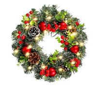 Hemobllo Christmas Wreath PVC Red Berry Vine Ring with LED Lights, 30cm Front Door Hanging Decoration, Festive Home Wall Ornament with Pinecones for Holiday Party, Xmas Atmosphere Outdoor
