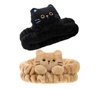 Hemobllo Elastic Cat Ear Hair Band 2Pcs Soft Fleece Non-Slip Headband for Skincare and Makeup Removal Spa Use in Black and Brown for Women