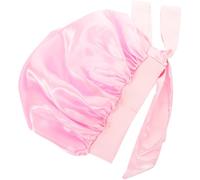 Hemobllo Extra Large Pink Satin Bathing Cap with Bowknot Tie, Reusable Shower Hat for Women, Silk Bonnet for Long Hair Sleeping and Spa Use