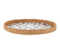 Hemobllo Handwoven round Rattan and Seashell Serving Tray with Breathable Material, Artistic Decorative Fruit and Bread Basket for Coffee Table and Tabletop Storage