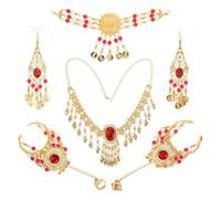Hemobllo Indian Belly Dance Accessories Set, Gold & Red Bollywood Costume Prop with Coin Necklace, Head Chain, Earrings, and Hand Harness Bracelets for Women Halloween Party Stage Performance