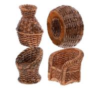 Hemobllo Miniature Dollhouse Furniture Set 4pcs with Large and Small Faux Rattan Chairs, Mini Woven Bucket and Bamboo Jar, Miniature House Decor for Fairy Garden and DIY Micro Landscape