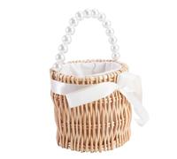 Hemobllo Pearl Handbag round Straw Woven Bag, Khaki Handmade Wood Plastic Fabric Drawstring Shoulder Pouch, Crossbody and Hand Carry for Holiday Party Photos