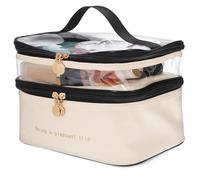 Hemobllo Portable Toiletry Bag Makeup Pouch Double Layer Design Water-Resistant Pu Material Stylish Elegant Chic Large Capacity for Women Travel Weekend Trip with Convenient Handle